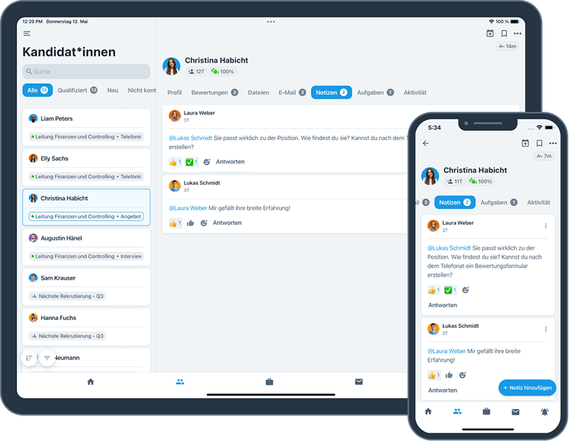 Oberfläche des Bewerbermanagement-Systems Recruitee auf Tablet und Smartphone mit Kandidatenliste und Notizen