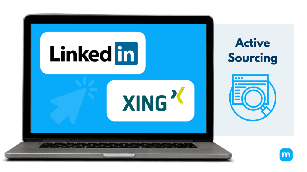 Laptop mit den Logos von LinkedIn und XING, daneben der Schriftzug „Active Sourcing“