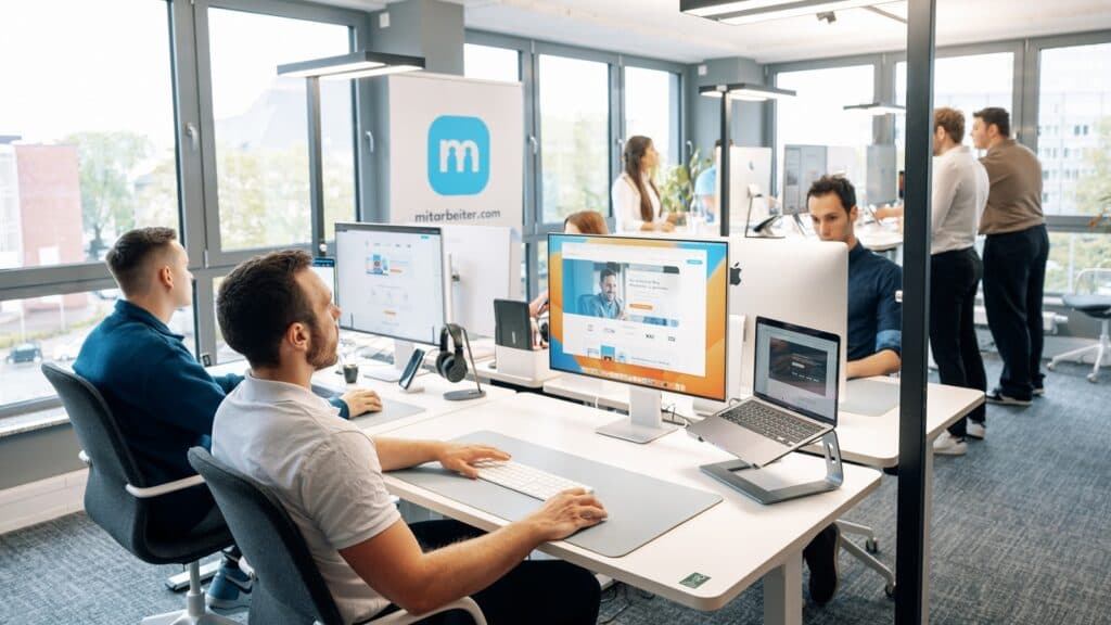 Großraumbüro von mitarbeiter.com: Mitarbeiter arbeiten an Bildschirmen, im Hintergrund ein Aufsteller mit Logo
