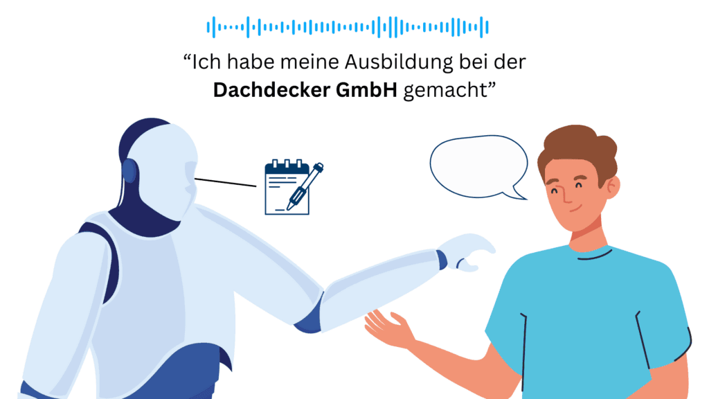 Illustration: Ein Roboter protokolliert die Aussagen eines Bewerbers im Gespräch