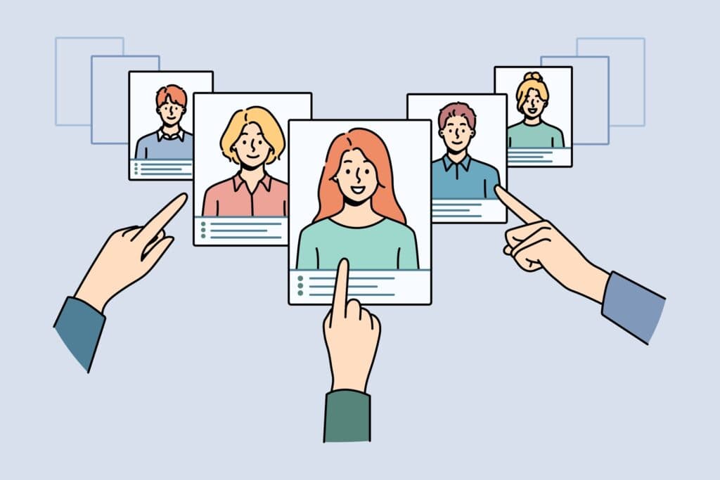 Illustration: Hände zeigen auf mehrere Bewerberprofile mit Porträtfotos, eines wird ausgewählt