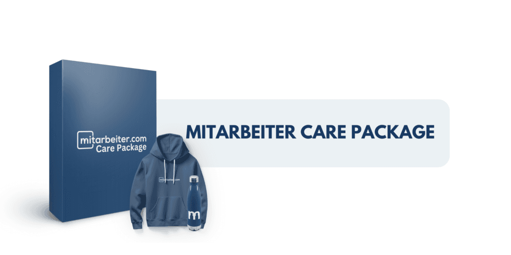 Mitarbeiter Care Package: gebrandete Box, Hoodie und Trinkflasche mit mitarbeiter.com-Logo