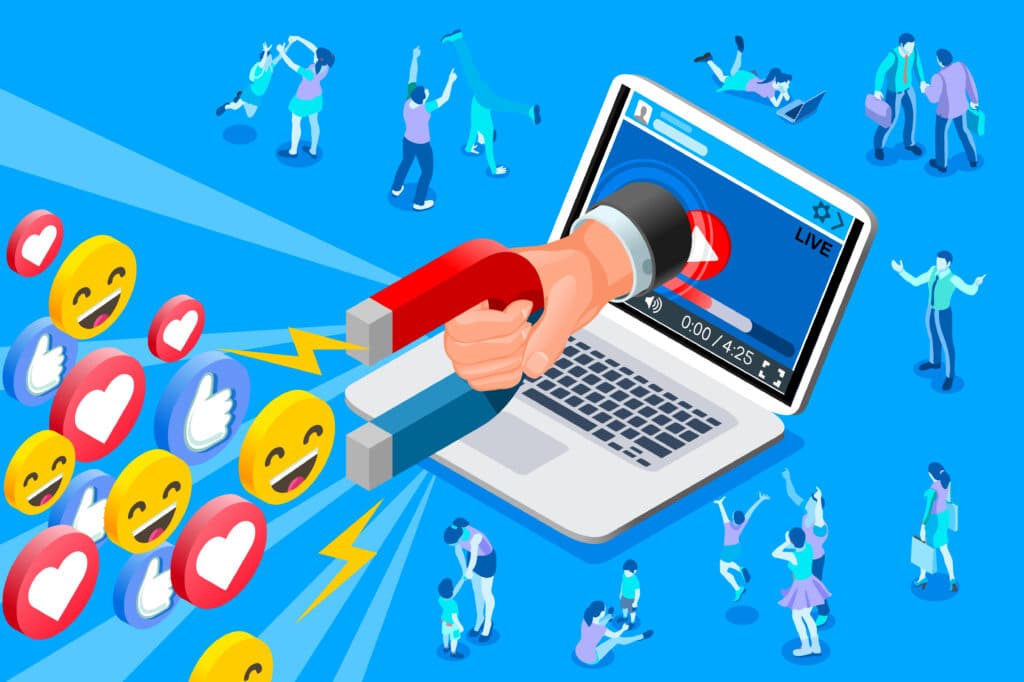 Illustration: Hand mit Magnet zieht aus einem Laptop Likes, Herzen und Smileys an
