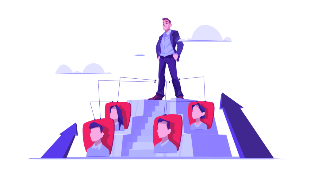 Illustration: Mitarbeiter steht auf einer Treppe über seinem Team, Pfeile zeigen nach oben – interner Aufstieg