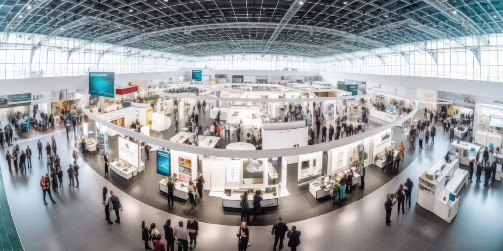 Weitläufige Messehalle mit zahlreichen Ständen und Besuchern