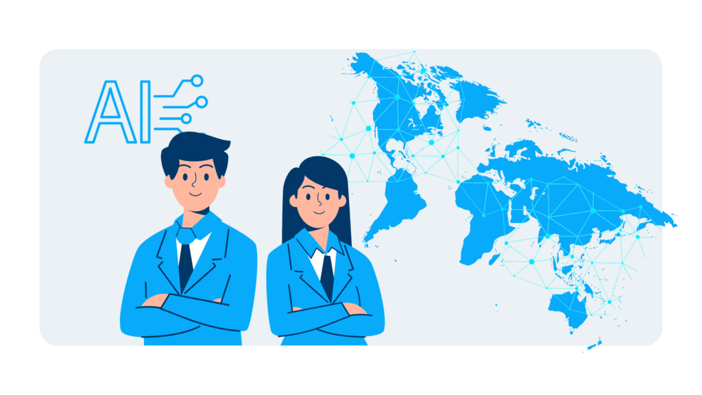 Illustration: Zwei Personen in Businesskleidung vor einer vernetzten Weltkarte mit dem Schriftzug „AI“