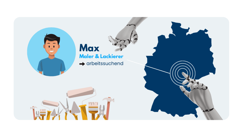 Illustration: Profil eines arbeitssuchenden Malers und Lackierers, per Roboterhand auf einer Deutschlandkarte verortet