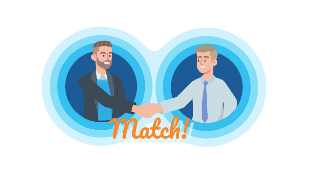 Illustration: Zwei Männer reichen sich die Hand, darunter der Schriftzug „Match!“