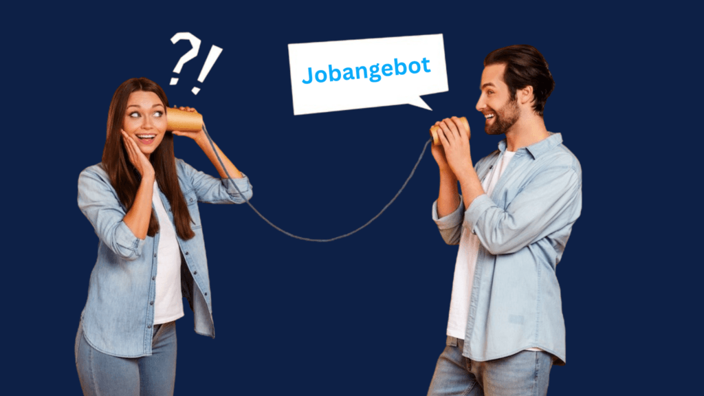 Mann spricht über ein Dosentelefon das Wort „Jobangebot“ zu einer überraschten Frau