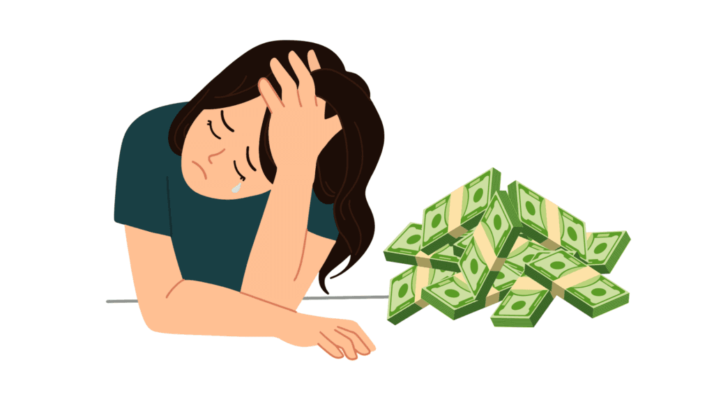 Illustration: verzweifelte Frau mit Tränen neben einem Stapel Geldbündel