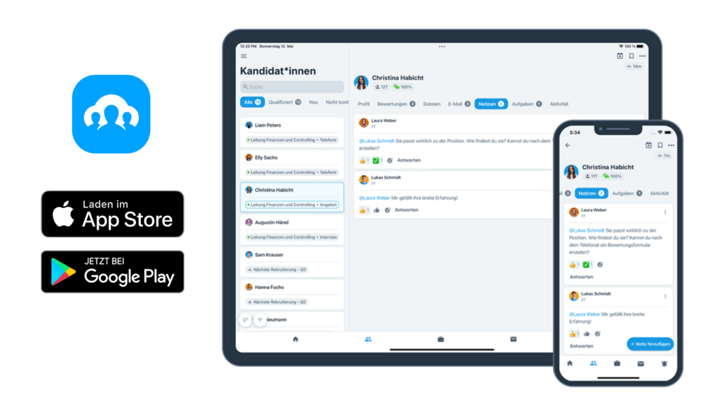 Recruitee-App auf Tablet und Smartphone mit Kandidatenprofil und Notizen, daneben App-Store-Badges