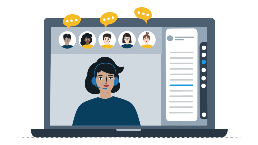 Illustration: Supportmitarbeiterin mit Headset im Videocall auf einem Laptop