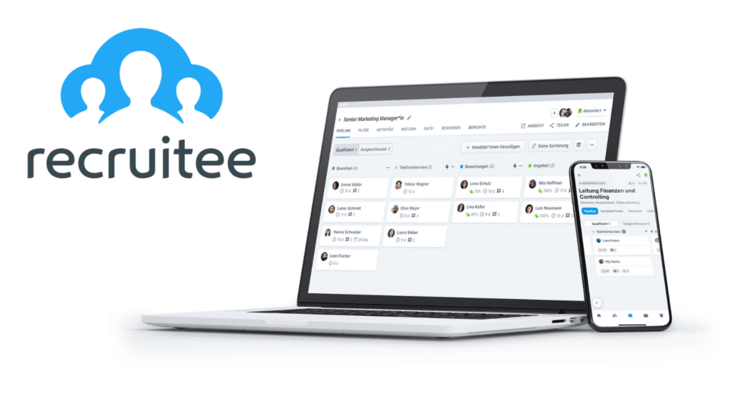 Recruitee-Logo neben Laptop und Smartphone mit der Bewerber-Pipeline des Bewerbermanagementsystems