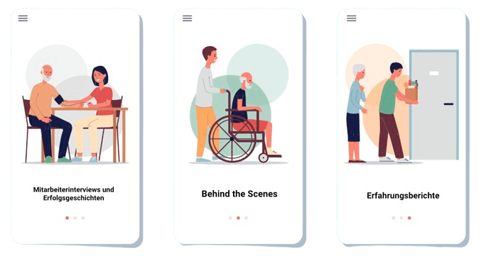 Drei Smartphone-Ansichten mit Content-Ideen: Mitarbeiterinterviews und Erfolgsgeschichten, Behind the Scenes, Erfahrungsberichte