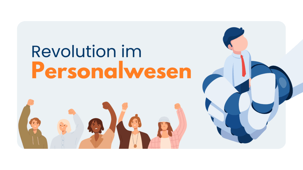 Illustration „Revolution im Personalwesen“: Eine Roboterhand hält einen Geschäftsmann, davor jubelnde Menschen