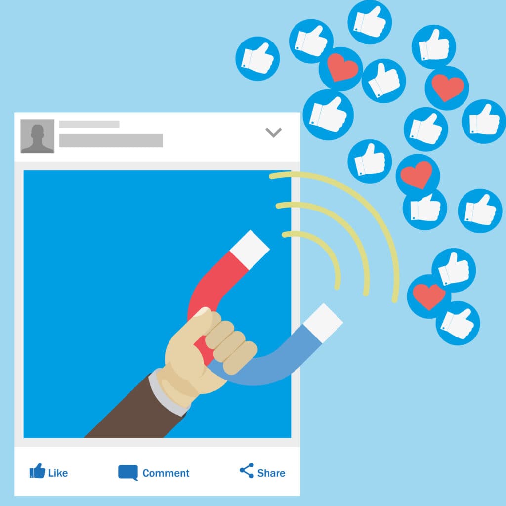 Illustration: Hand mit Magnet in einem Social-Media-Post zieht Likes und Herzen an