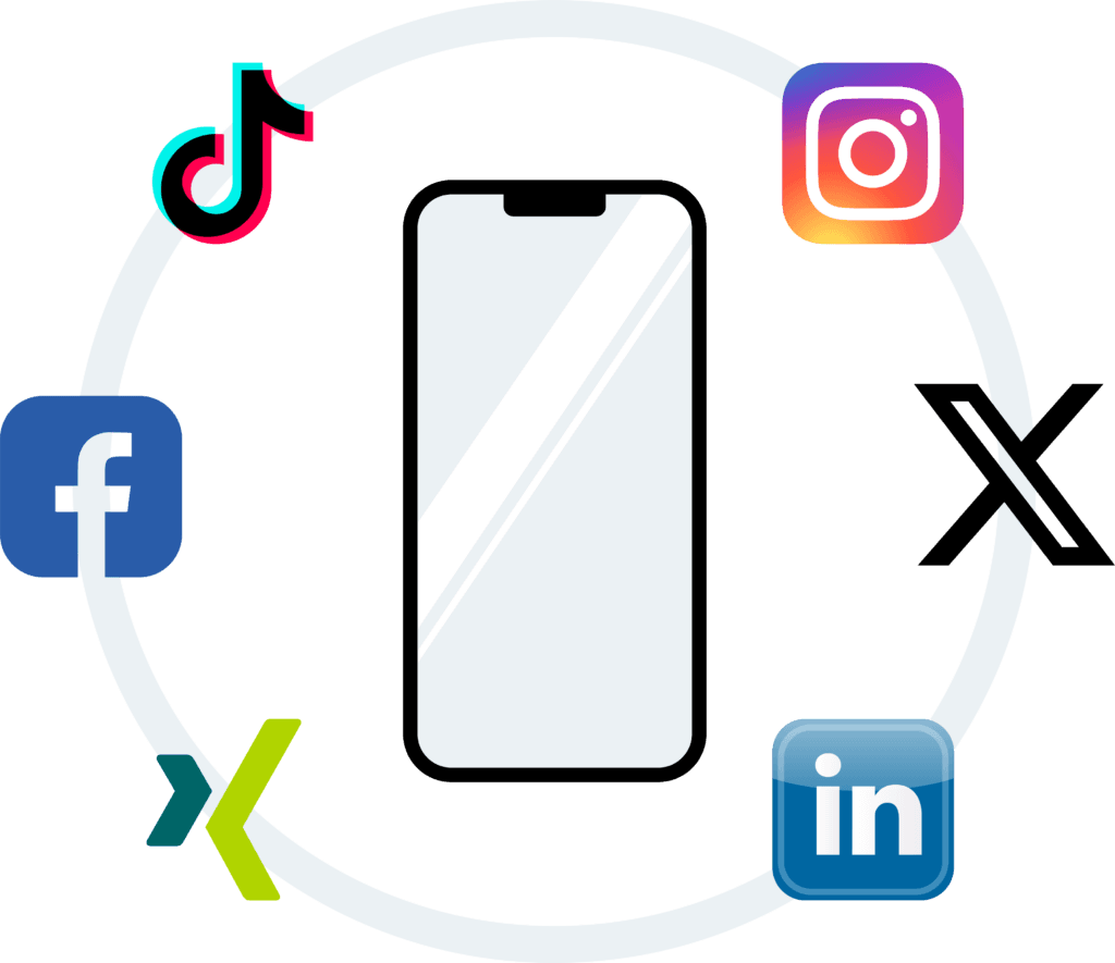 Smartphone umgeben von den Logos von TikTok, Instagram, X, LinkedIn, Xing und Facebook