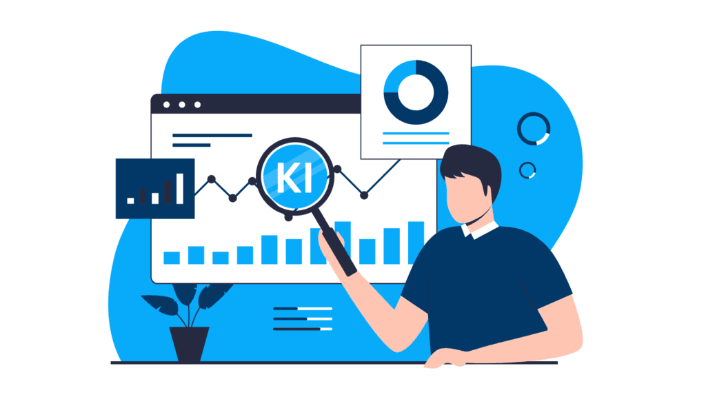 Illustration: Eine Person untersucht Diagramme und Kennzahlen mit einer KI-Lupe