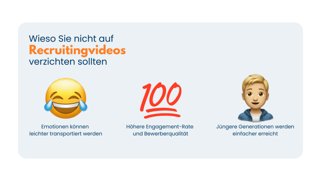 Grafik „Wieso Sie nicht auf Recruitingvideos verzichten sollten“: Emotionen, Engagement-Rate und jüngere Zielgruppen