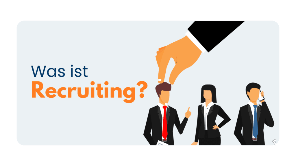 Illustration „Was ist Recruiting?“: Eine große Hand wählt eine Person aus einer Gruppe von Geschäftsleuten aus