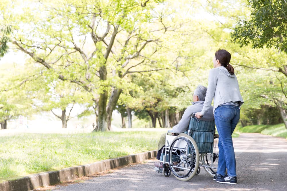 Pflegekraft schiebt einen älteren Mann im Rollstuhl über einen Weg in einem grünen Park