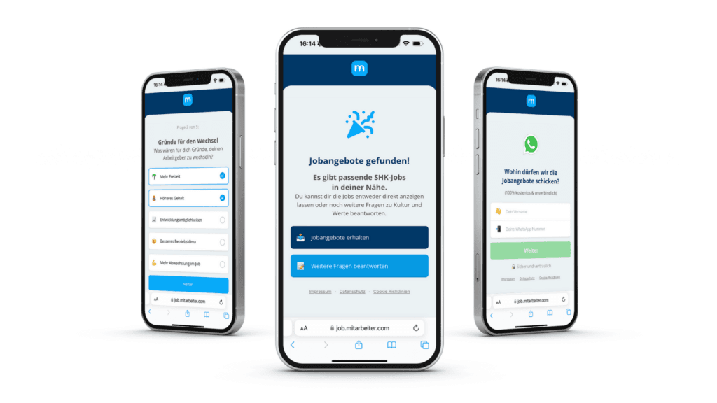 Drei Smartphones mit einem mobilen Bewerbungsfunnel von mitarbeiter.com: Fragen, Jobangebote und WhatsApp-Kontakt