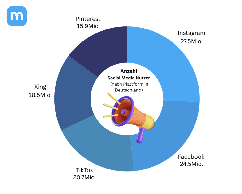 Ringdiagramm: Anzahl der Social-Media-Nutzer in Deutschland nach Plattform – Instagram, Facebook, TikTok, Xing, Pinterest