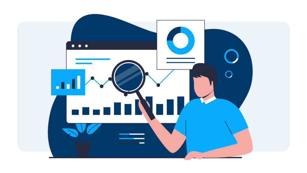 Illustration: Person untersucht mit einer Lupe Diagramme und Kennzahlen auf einem Bildschirm