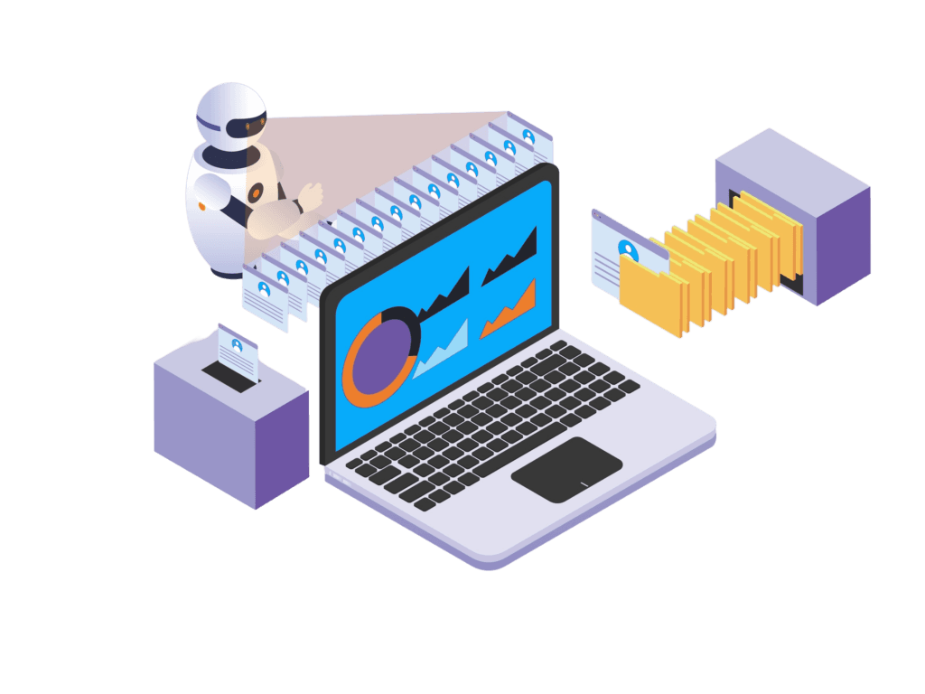 Illustration: Laptop mit Diagrammen, umgeben von Lebensläufen, Aktenordnern und einem Roboter, der Profile durchsucht