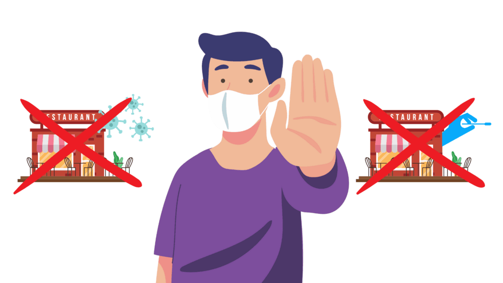 Illustration: Person mit Maske zeigt Stopp-Geste, links und rechts durchgestrichene Restaurants