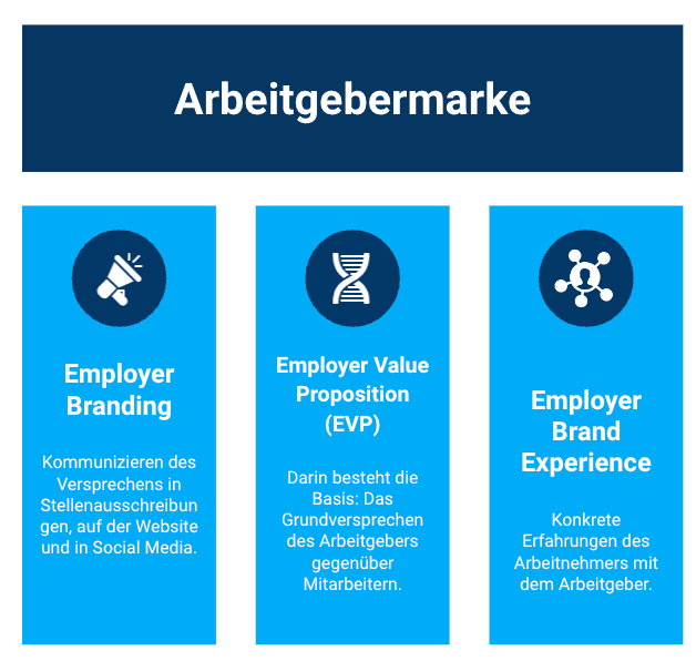 Grafik zur Arbeitgebermarke mit den drei Bausteinen Employer Branding, Employer Value Proposition (EVP) und Employer Brand Experience