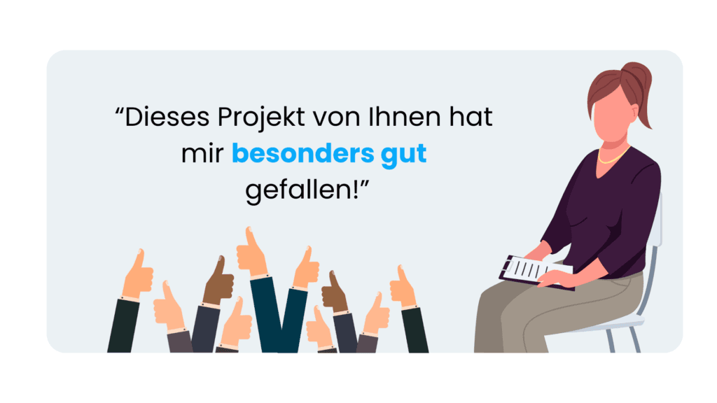 Illustration: Vorgesetzte lobt ein Projekt, viele Hände zeigen den Daumen nach oben