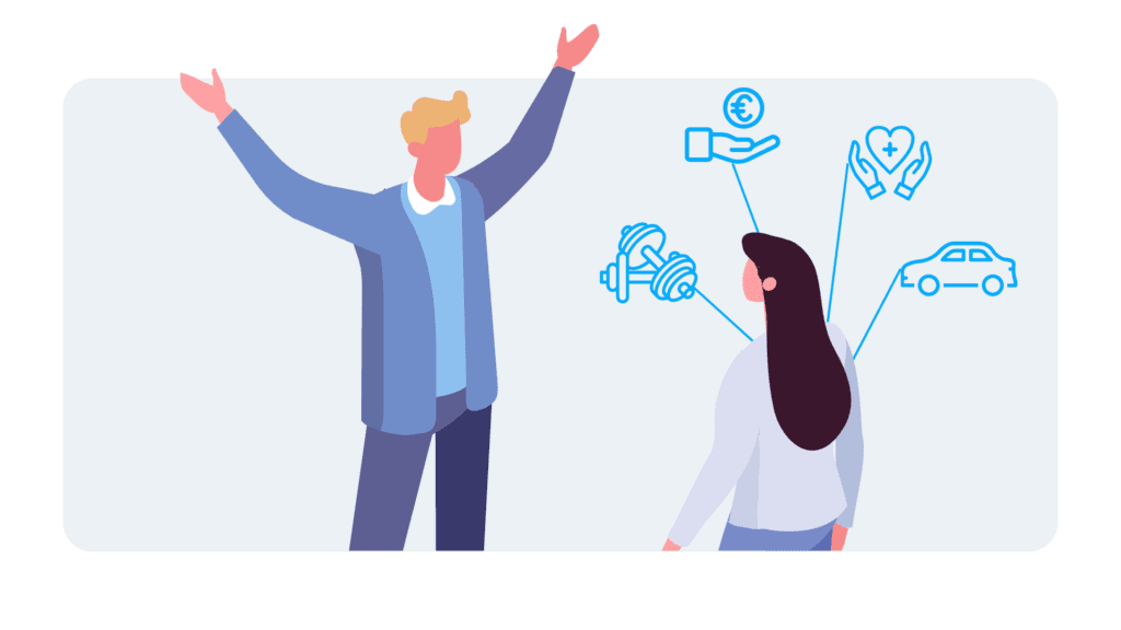 Illustration: Mann mit erhobenen Armen, Frau denkt an Benefits wie Geld, Gesundheit, Fitness und Dienstwagen