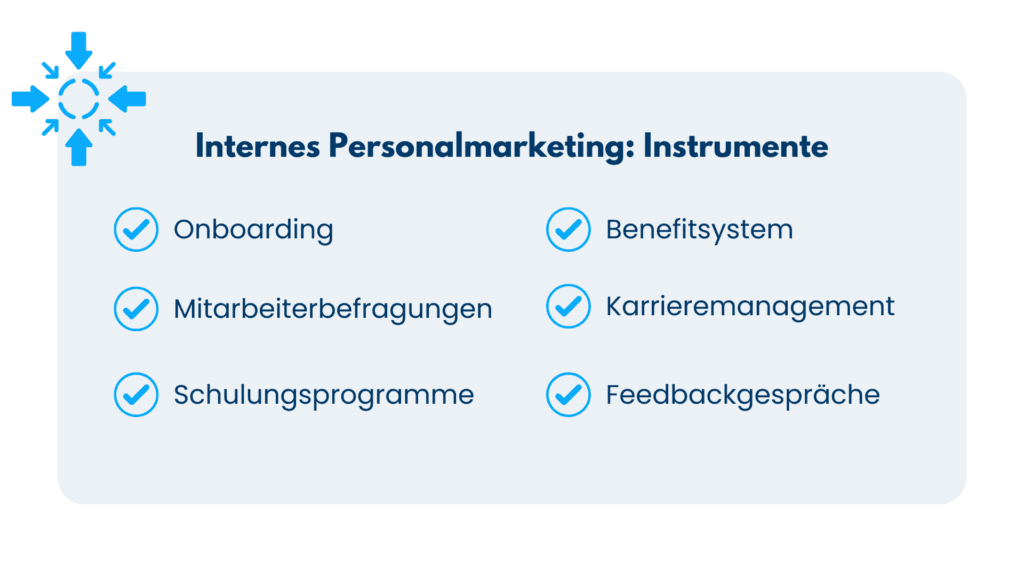 Instrumente des internen Personalmarketings: Onboarding, Mitarbeiterbefragungen, Schulungen, Benefits, Karrieremanagement, Feedback