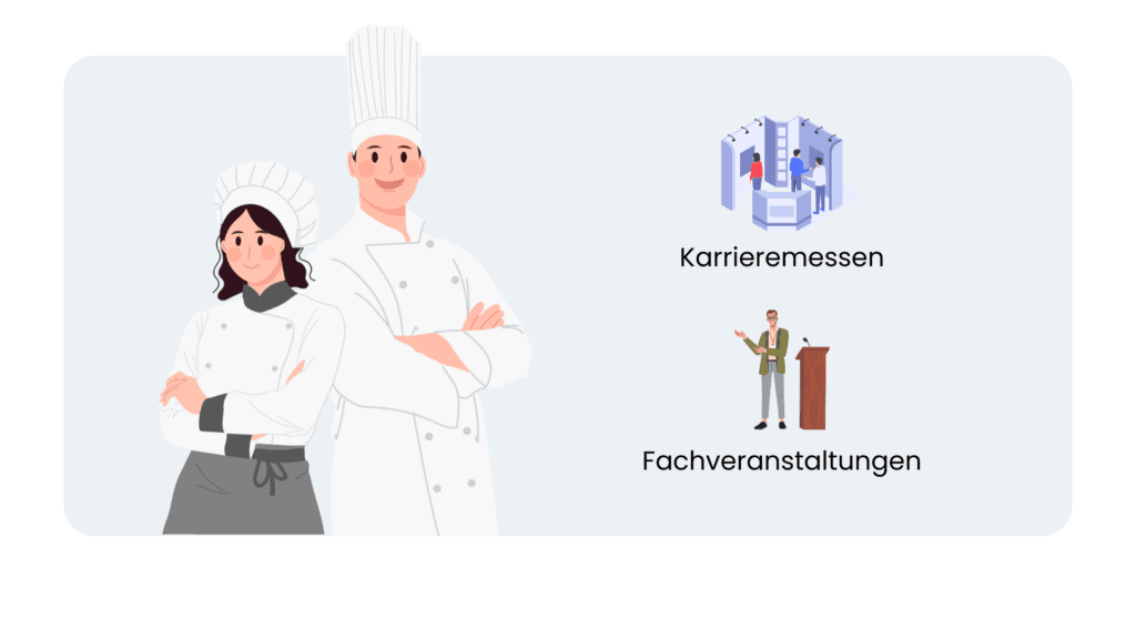 Illustration: zwei Köche neben den Symbolen für Karrieremessen und Fachveranstaltungen
