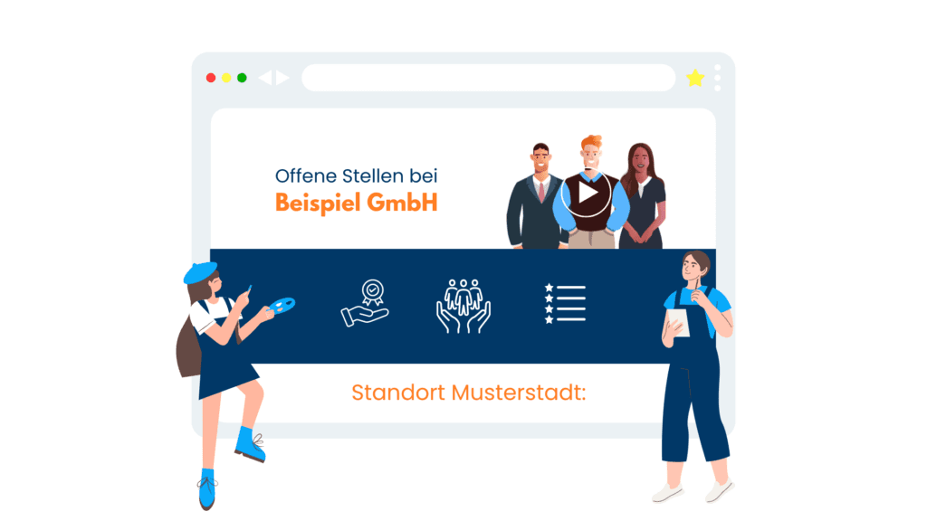 Illustration einer Karriereseite mit Video, Symbolen für Vorteile und Standortangabe, daneben zwei Handwerkerinnen