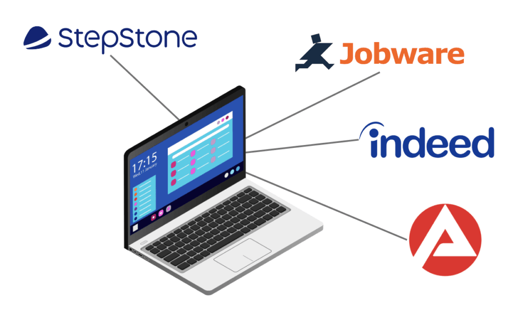 Laptop, von dem Linien zu den Jobbörsen StepStone, Jobware, Indeed und Arbeitsagentur führen – Multiposting