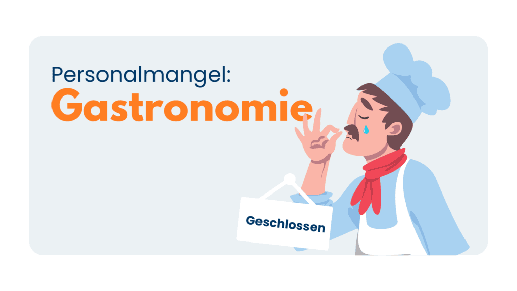 Illustration: weinender Koch mit Schild „Geschlossen“ unter dem Titel „Personalmangel: Gastronomie“