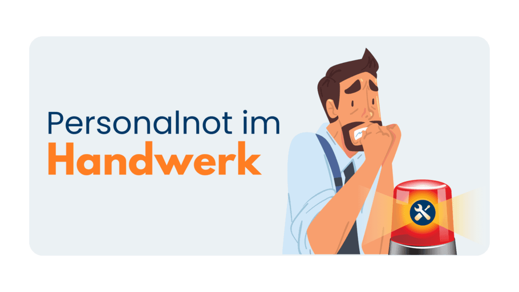 Illustration „Personalnot im Handwerk“: besorgter Handwerker neben einem roten Warnlicht mit Werkzeugsymbol