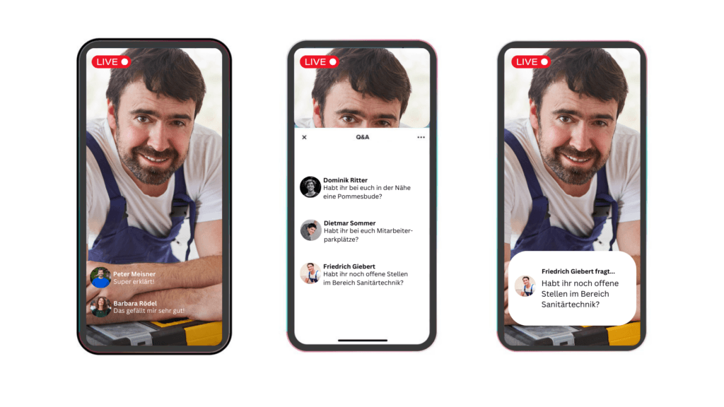 Drei Smartphones zeigen einen Livestream mit einem Handwerker und eingeblendeten Fragen und Kommentaren von Zuschauern