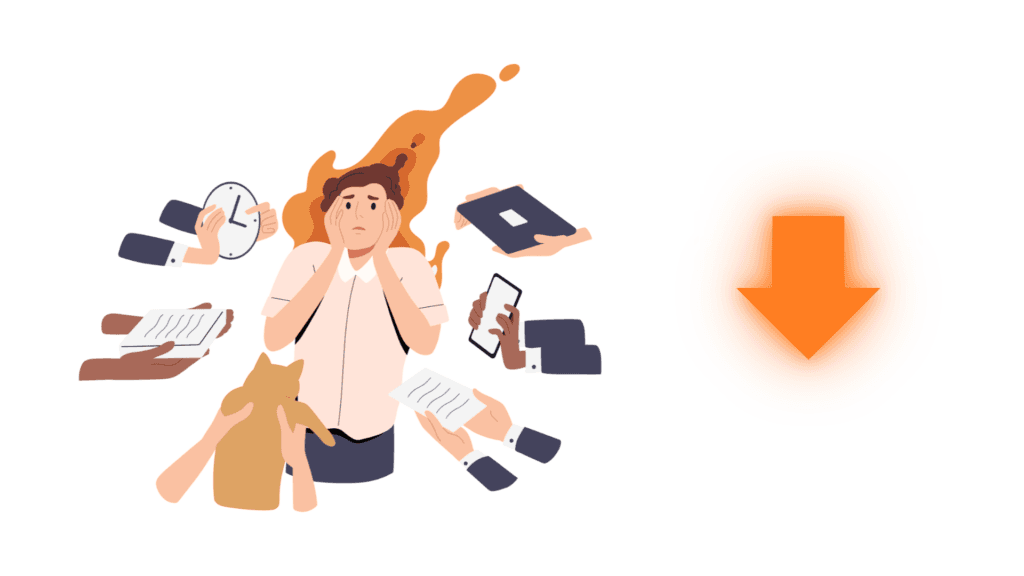 Illustration: überlastete Person, umringt von Uhr, Dokumenten und Telefon, daneben ein Pfeil nach unten für weniger Aufwand