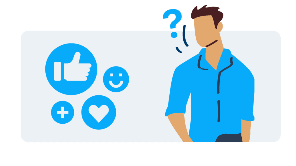 Illustration: Nachdenklicher Mann neben Social-Media-Symbolen wie Daumen hoch, Herz und Smiley
