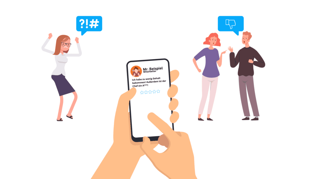 Illustration: Smartphone mit negativer Ein-Sterne-Arbeitgeberbewertung, umgeben von verärgerten Personen