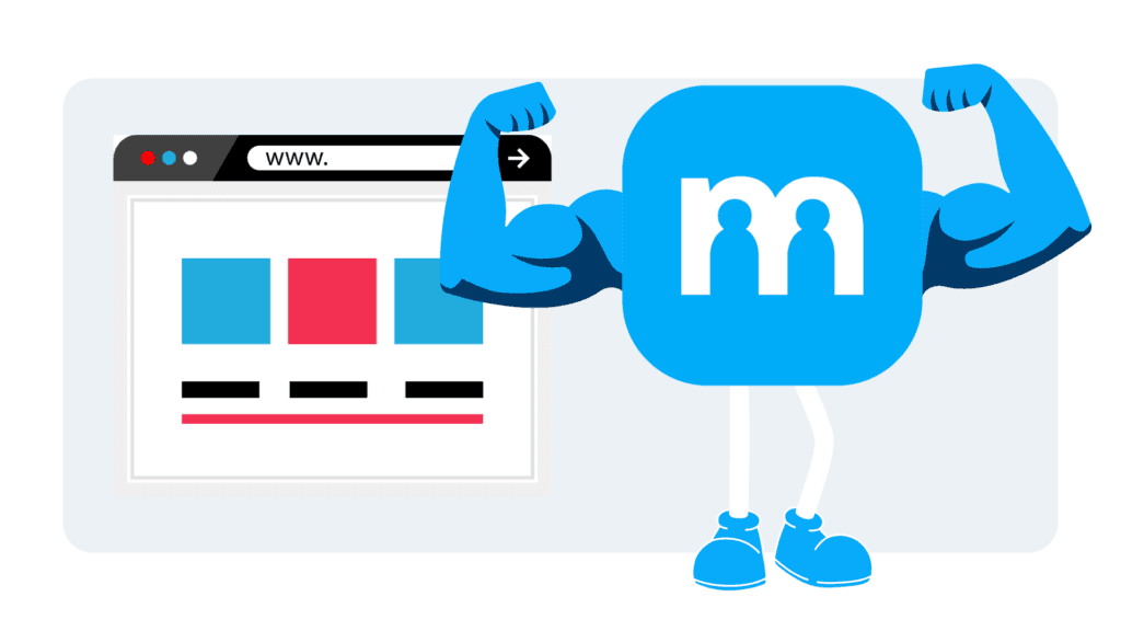Illustration: muskulöses mitarbeiter.com-Maskottchen neben einem Browserfenster als Sinnbild für eine starke Arbeitgebermarke