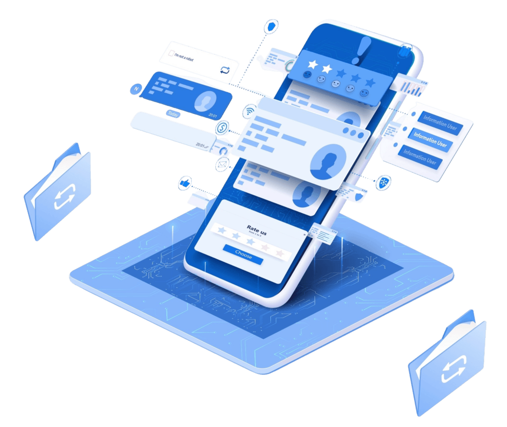 Illustration: Smartphone mit Kandidatenprofilen und Bewertungen, umgeben von Datenordnern