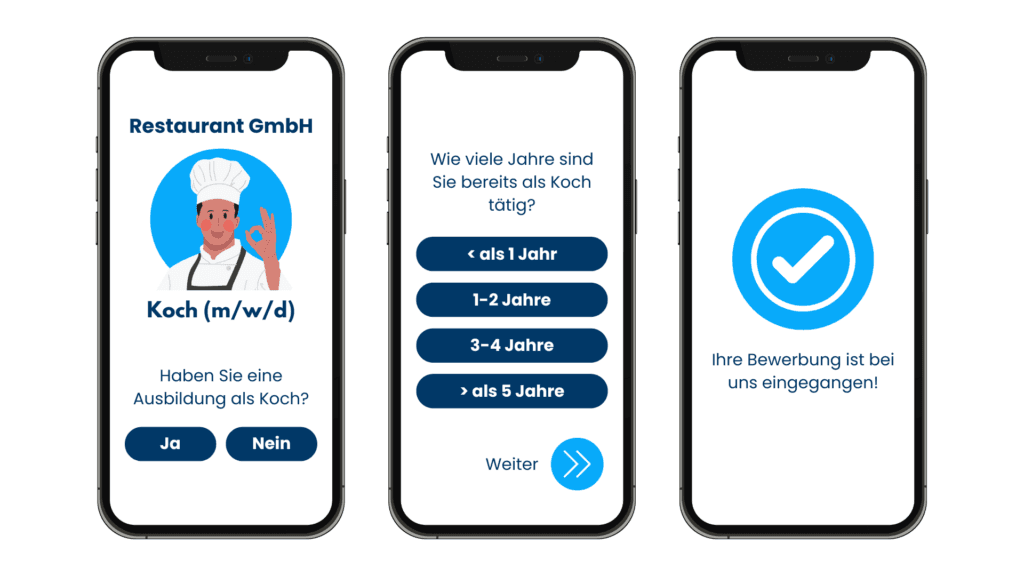 Drei Smartphones mit einem mobilen Bewerbungsformular für eine Stelle als Koch, von der ersten Frage bis zur Bestätigung