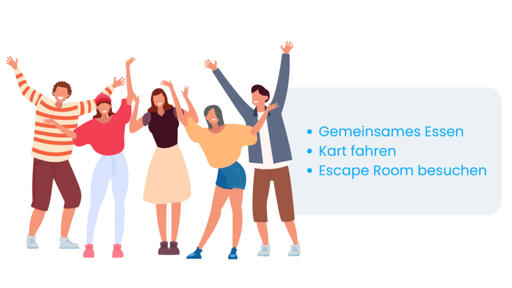 Illustration eines fröhlichen Teams mit Ideen für Teamevents: gemeinsames Essen, Kart fahren, Escape Room besuchen