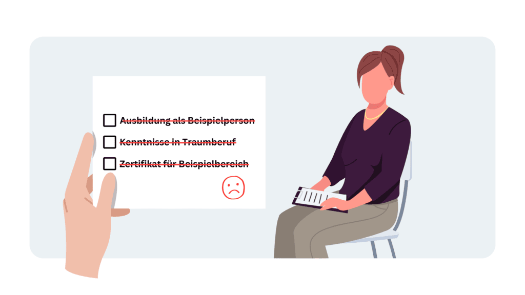 Illustration: Bewerberin im Gespräch, daneben eine Anforderungsliste mit durchgestrichenen Qualifikationen und traurigem Smiley