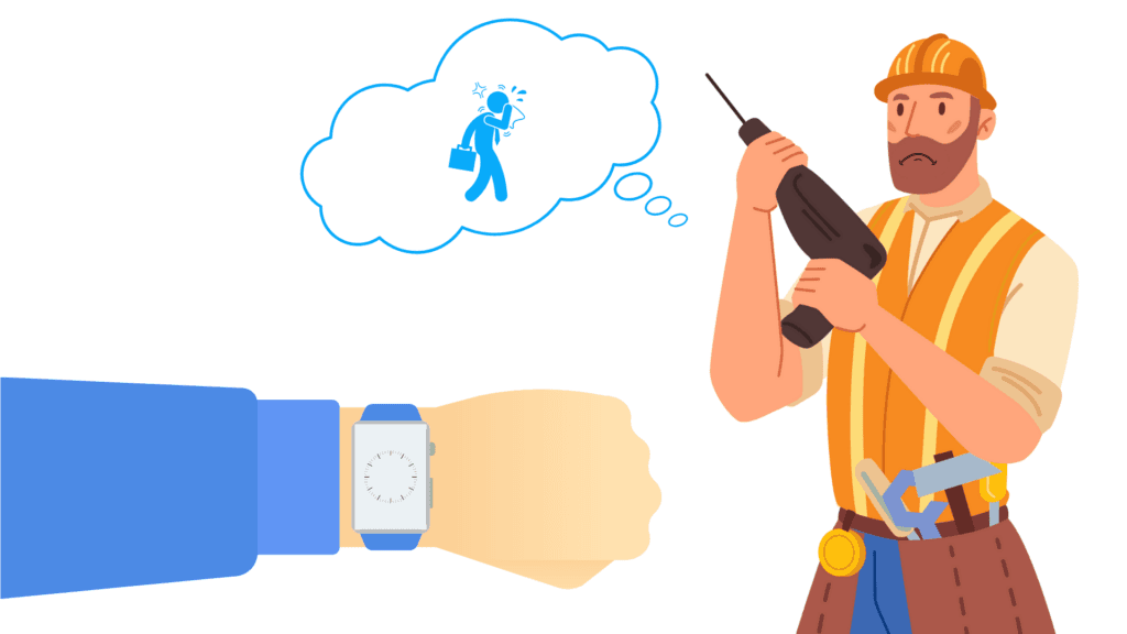 Illustration: Blick auf die Armbanduhr, daneben ein nachdenklicher Handwerker mit Bohrmaschine, der an einen gestressten Mitarbeiter denkt