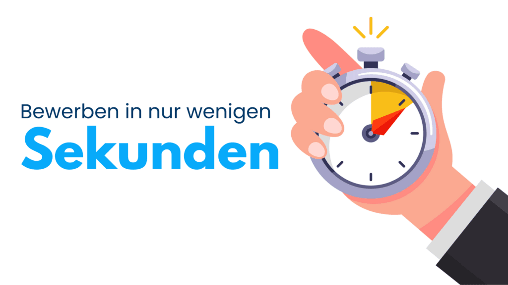 Illustration: Hand mit Stoppuhr und dem Text „Bewerben in nur wenigen Sekunden“